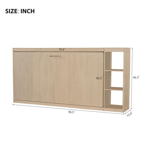 Wooden Murphy Cabinet Bed Frame with Charging Station, Full-Size Foldable Wall Bed with Large Storage Drawer for Home Apartment Limited Living Places, Space-Saving Hidden Bed No Box Spring Needed