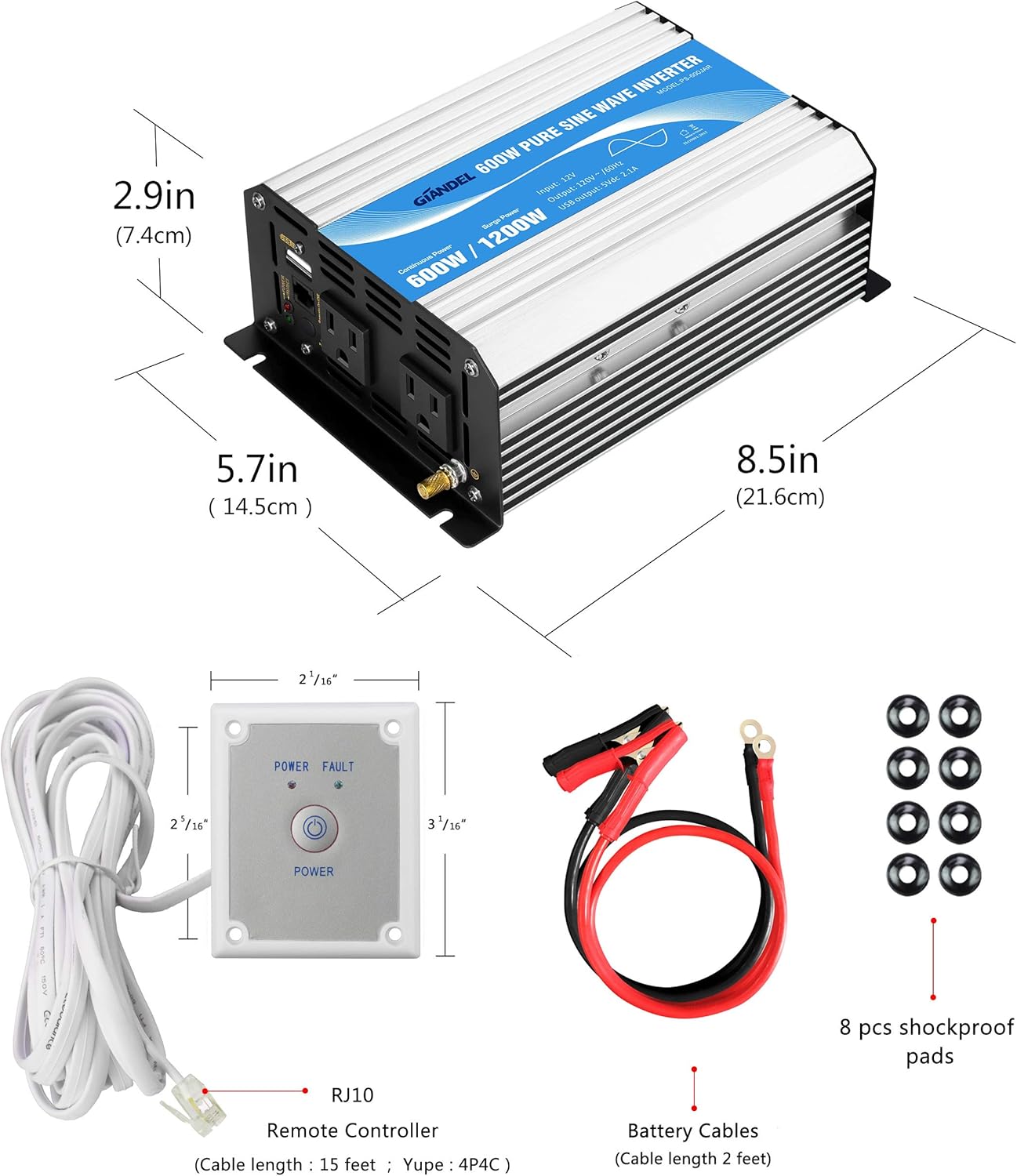 GIANDEL Power Inverter Pure Sine Wave 600Watt 12V DC to 110V 120V with Remote Control Dual AC Outlets and USB Port for RV Car Solar System Emergency