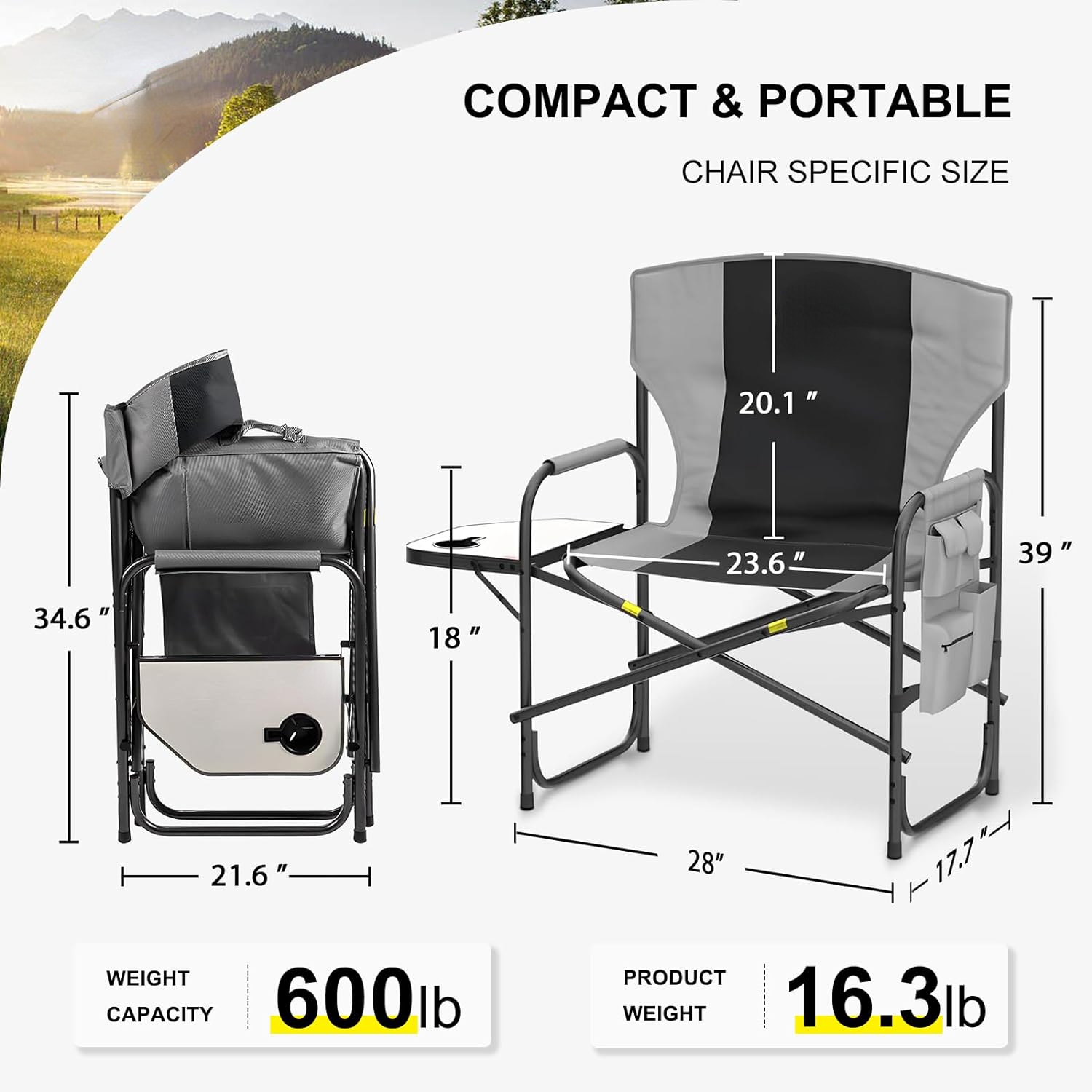 Oversized Director Camping Chair,600 LBS Heavy Duty Folding Chair,24"Cozy Outdoor Chair,With Cup Holder and Adjustable Table Folding Chair for Outside Beach,Lawn,Fishing,Camping,Patio,Makeup