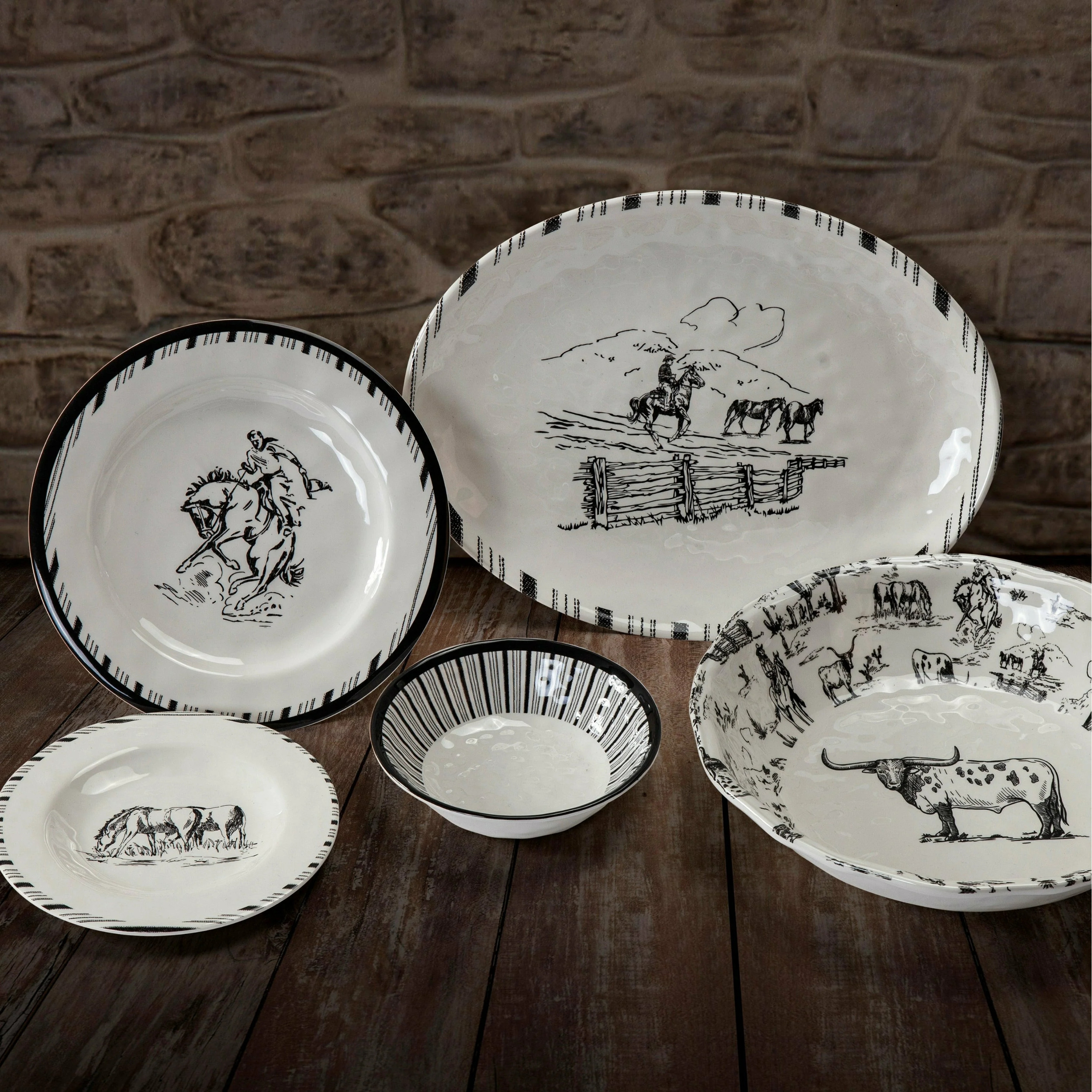 Hiend Accents Unisex 14-Piece Ranch Life Melamine Dinnerware Set Black/White One Size