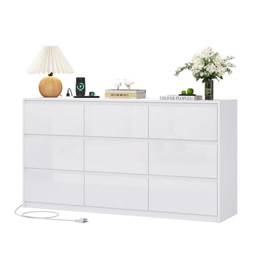 10 Drawer Dresser, White Dresser for Bedroom, High Gloss Modern Dresser & Chest of Drawers, 55" Long Dresser TV Stand, Large Double Dresser for Bedroom