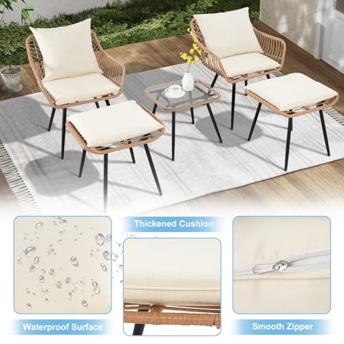 3 Pieces Patio Bistro Set, Outdoor Wicker Table and Chairs Set of 2, Rattan Balcony Furniture Set with Cushions for Front Porch Apartment Backyard Deck,Beige