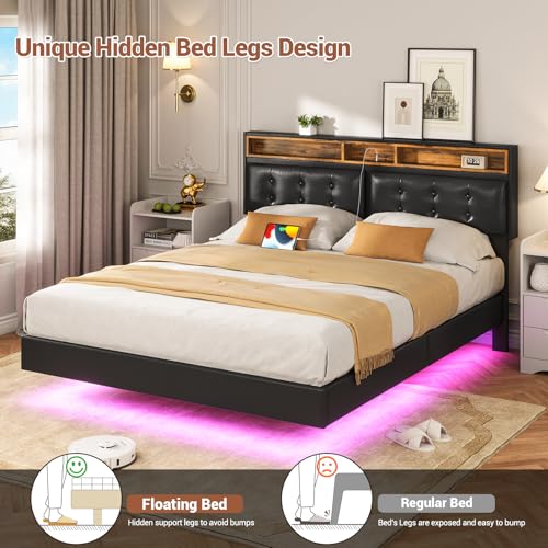 Hasuit California King Floating Bed Frame with LED Lights, California King Bed Frame with Headboard and Charging Station, Cal King Bed Frame No Box Spring Needed, Easy to Assemble, Faux Leather Black