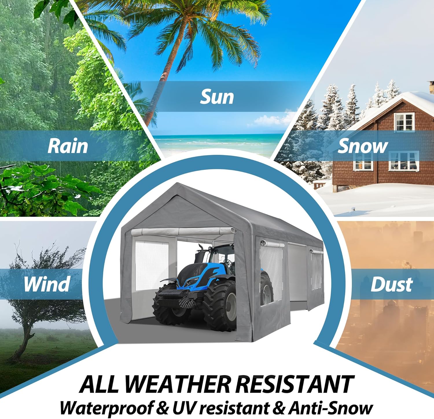 10'x20' Portable Carport Garage, Outdoor Storage Shelter Shed, Durable Zipper Car Canopy with Roll-up Doors and Windows, Heavy Duty Metal Frame, Waterproof Carport Tent for Generator Vehicles