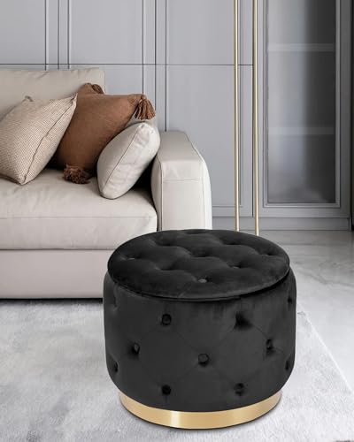 Button Tufted Velvet Round Storage Ottoman, Modern Upholstered Foot Rest Stool with Gold Plating Base, Accent Coffee Table seat for Living Room, Bedroom (Beige)