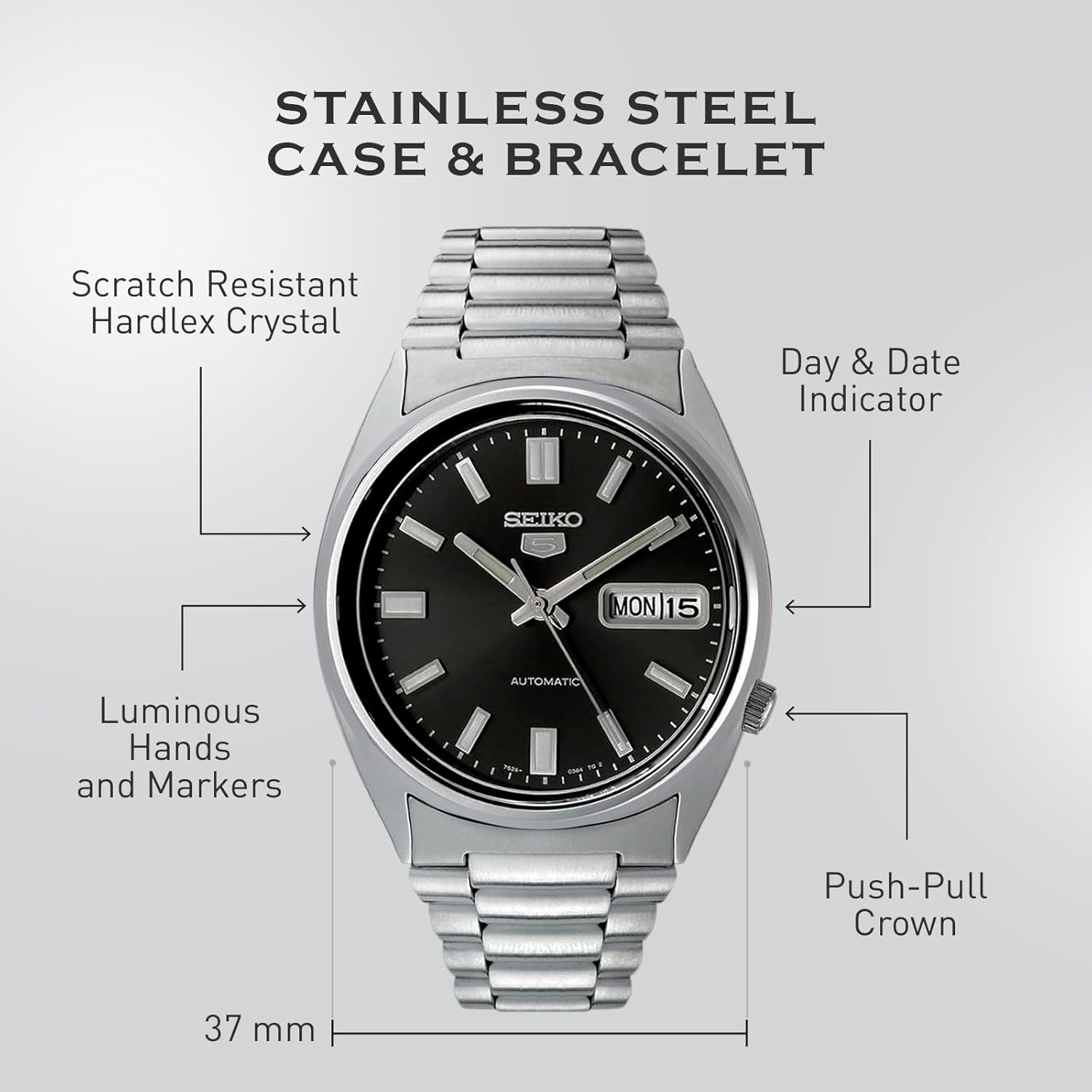 SEIKO SNXS79 Automatic Watch for Men 5-7S Collection - Black Dial on Silver with Luminous Hands, Day/Date Calendar, Stainless Steel Case & Bracelet