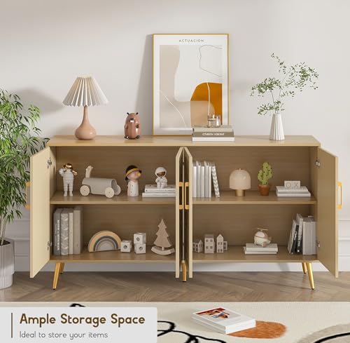 4 Door Rattan Storage Cabinet,Buffet Cabinet with Storage,Characteristic Cabinet w/Metal Legs and Handles,Cupboard Console Table,Sideboard Cabinet for Hallway,Entry, Living Room (Natural)