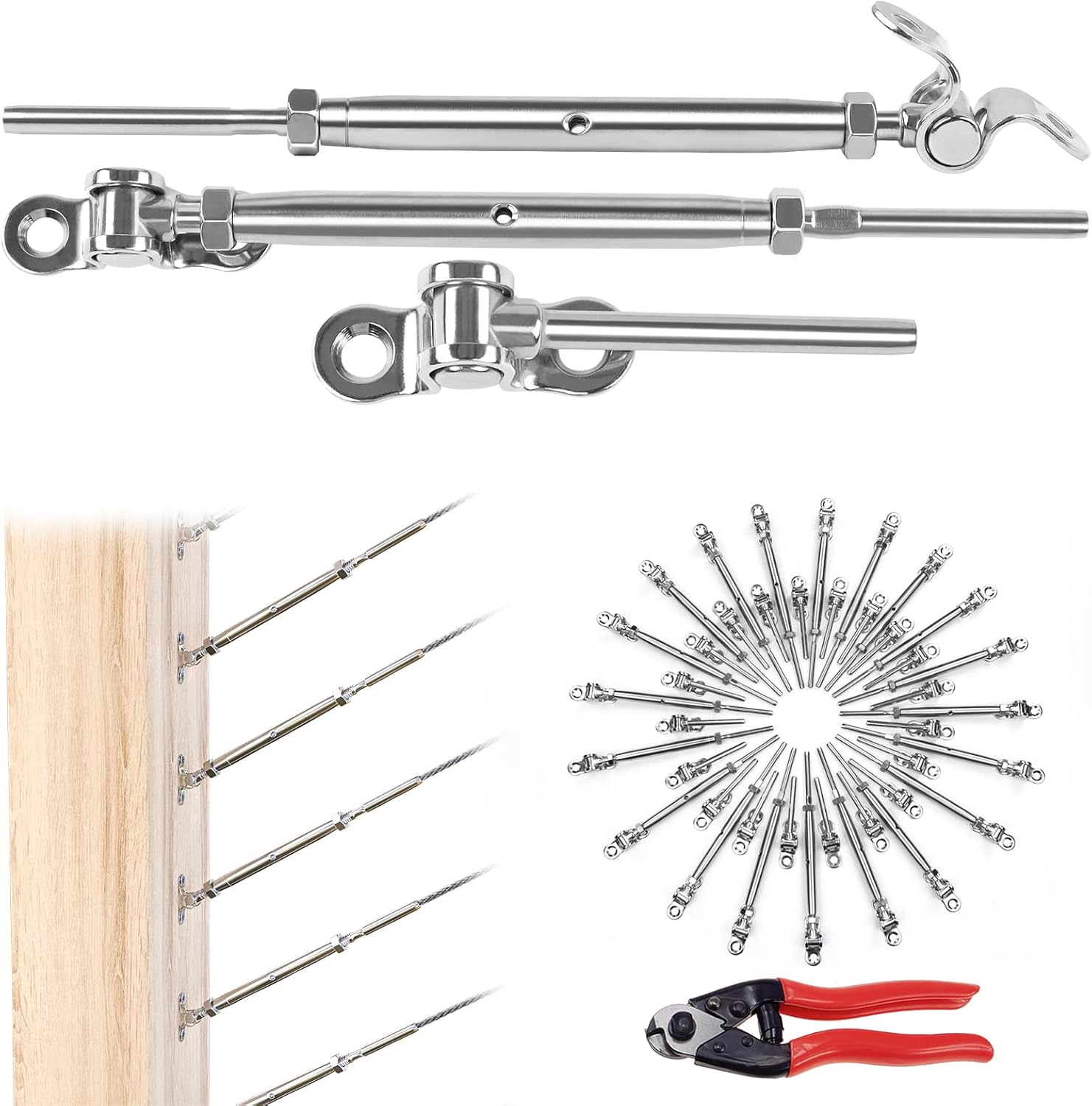 Muzata 32Set Cable Railing Kit 1/8 Swage Toggle Turnbuckle Hardware T316 Stainless Steel for Wood Post WoodEasy System Angle 180��Adjustable Stairs Deck 32 Cable Lines CK07 NN1,CA4 CA5