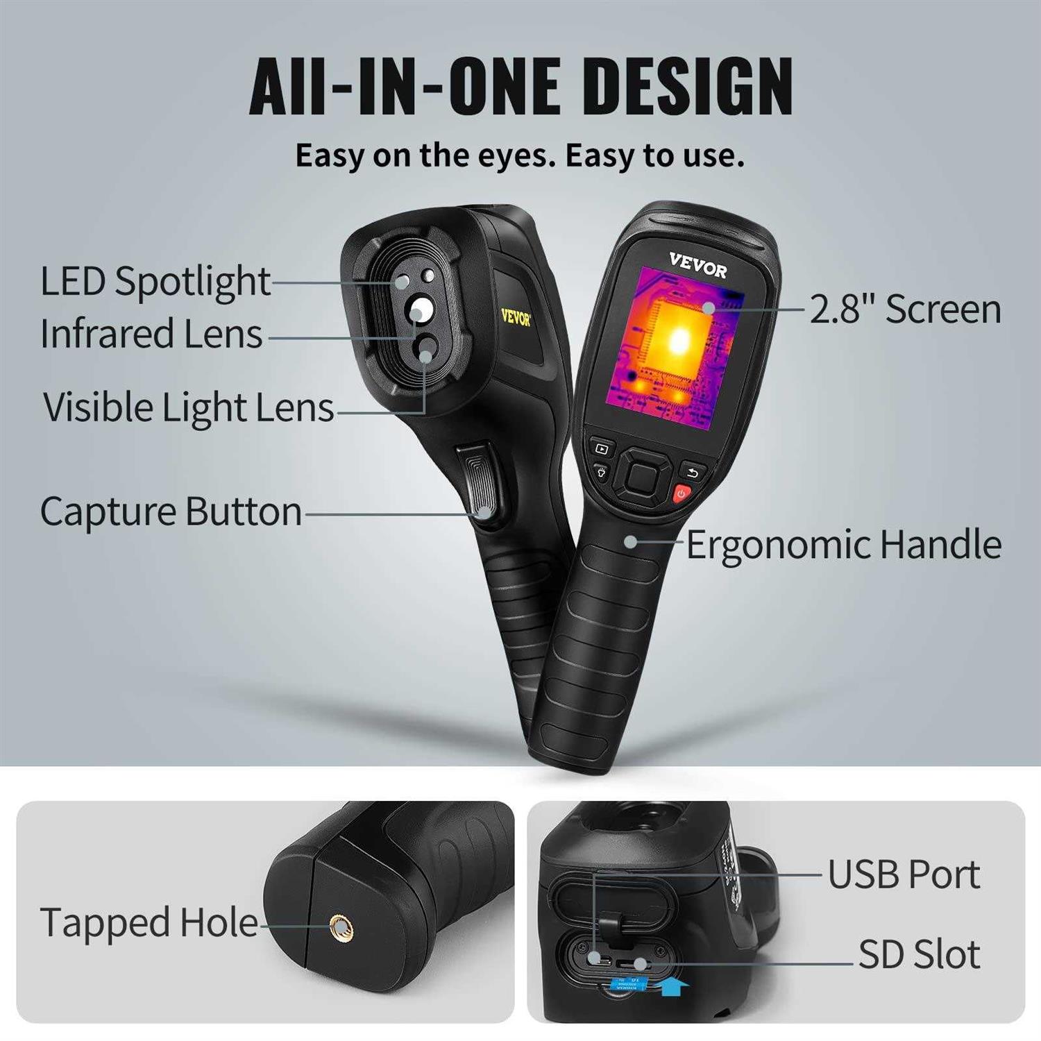 VEVOR Thermal Imaging Camera 240×180 IR Resolution 43200 Pixel Infrared Camera with 16G SD Card LED Light Minus 4°F to 662°F