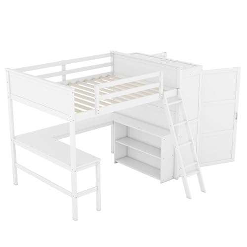 SOFTSEA Twin Size Loft Bed with Built in Desk & Wardrobe, Solid Wood Loft Bed with Storage Cabinet, High Loft Bed Frame with Large Wardrobe for Kids Teens Adults, Grey