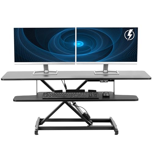 VIVO 42 inch Electric Motor Desk Converter, Height Adjustable Riser, Sit to Stand Dual Monitor and Laptop Workstation with Wide Keyboard Tray, Black, DESK-VE42B