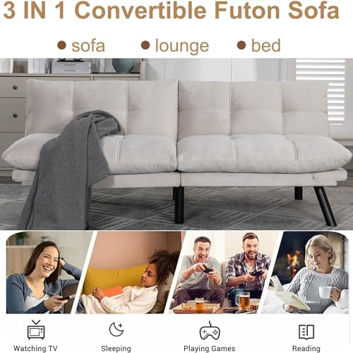 70” Linen Futon Sofa Bed, Convertible Folding Couch, Breathable Small Couch, Comfortable Double Loveseat Bed for Compact Living Studio in Room and Bedroom, Offices, Family, Dorm (Linen Dark Gray)