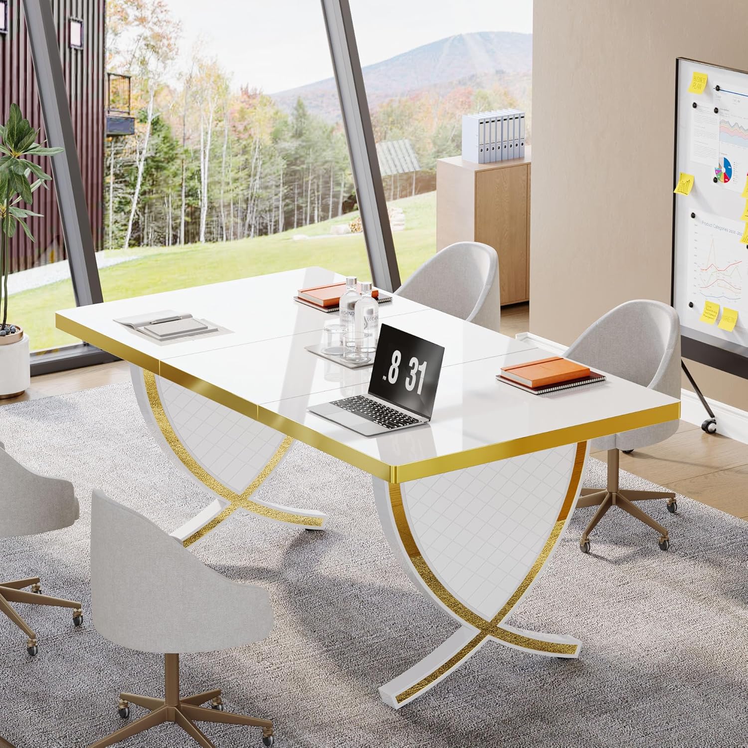 Tribesigns 63" Modern Executive Desk, Large Office Desk with Thickened Frame, Glossy Computer Desk Writing Desk Study Table for Home Office, White & Gold