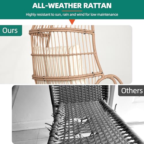 YITAHOME Outdoor Narrow Egg Chair, Patio Wicker Basket Chair with 370lbs Capacity Indoor Egg Chairs with Stand & Cushion Cocoon Chair for Bedroom, Patio, Balcony (Beige)
