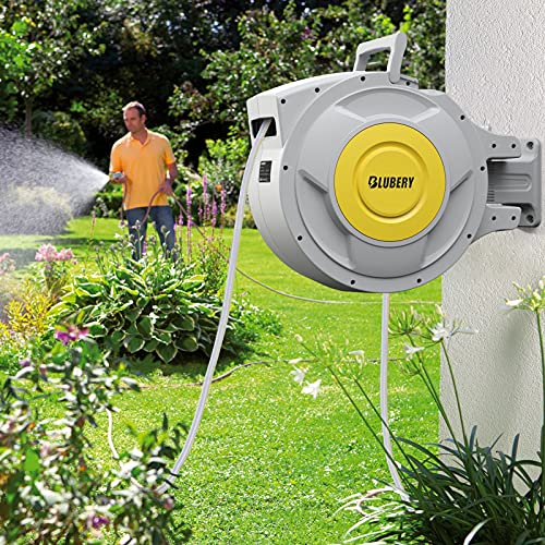 BLUBERY 5/8" x 100+6.7ft Retractable Garden Hose Reel, 39.3LB Super Heavy Duty, Any Length Lock, Slow Return System, Wide Handle, Wall Mounted and 180° Swivel Bracket, GHR01A