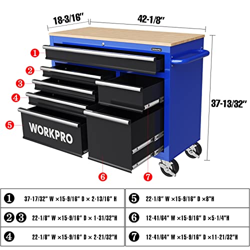 WORKPRO 46-Inch 9-Drawers Rolling Tool Chest, Mobile Tool Storage Cabinet with Wooden Top, Equipped with Casters, Handle, Drawer Liner, and Locking System, 1200 lbs Load Capacity