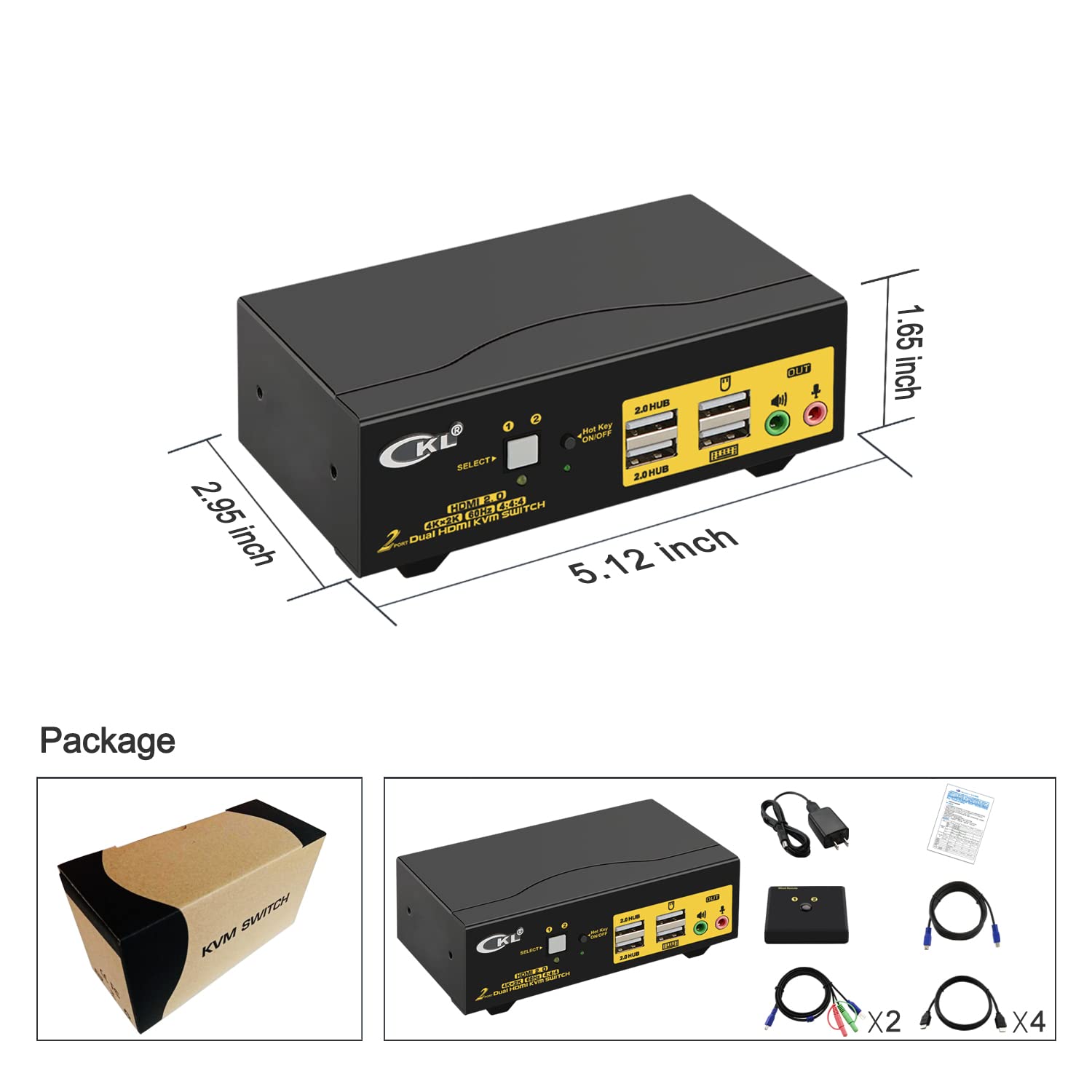 CKL 2x2 Matrix HDMI KVM Switch Dual Monitor USB 3.0 4K 60Hz, PC Monitor Keyboard Mouse Peripherals Sharing Box with Cables for 2 Computers or Laptops