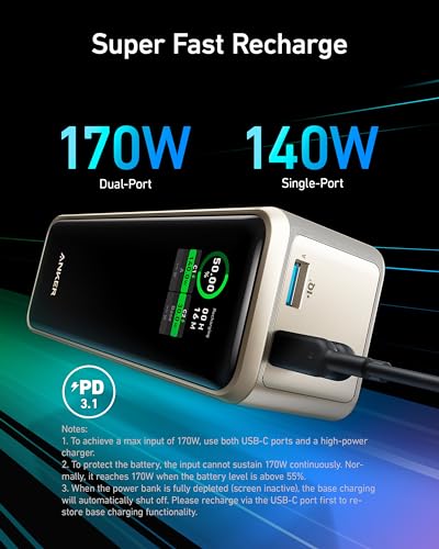 Anker Prime 27,650mAh Power Bank (250W) with 100W Charging Base, 3-Port Portable Charger, Smart App, Compatible with iPhone 15/15 Plus/15 Pro/15 Pro Max/14 Series, MacBook, Samsung, Dell, AirPods