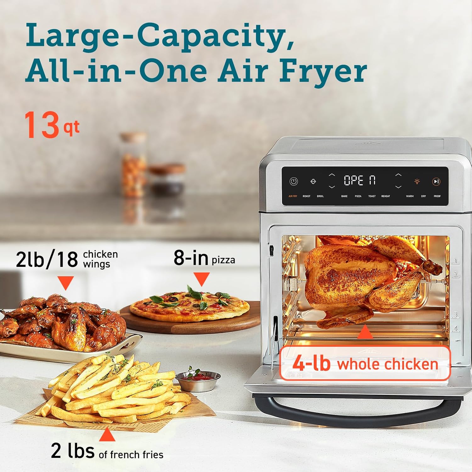 COSORI Air Fryer Toaster Oven, 13 Qt Fits 4 lbs Chicken, 11-in-1 Functions for Small Kitchen Countertop, with Rotisserie, Dehydrate, Bake, Roast, Reheat, In APP Recipes & 6 Accessories, Silver