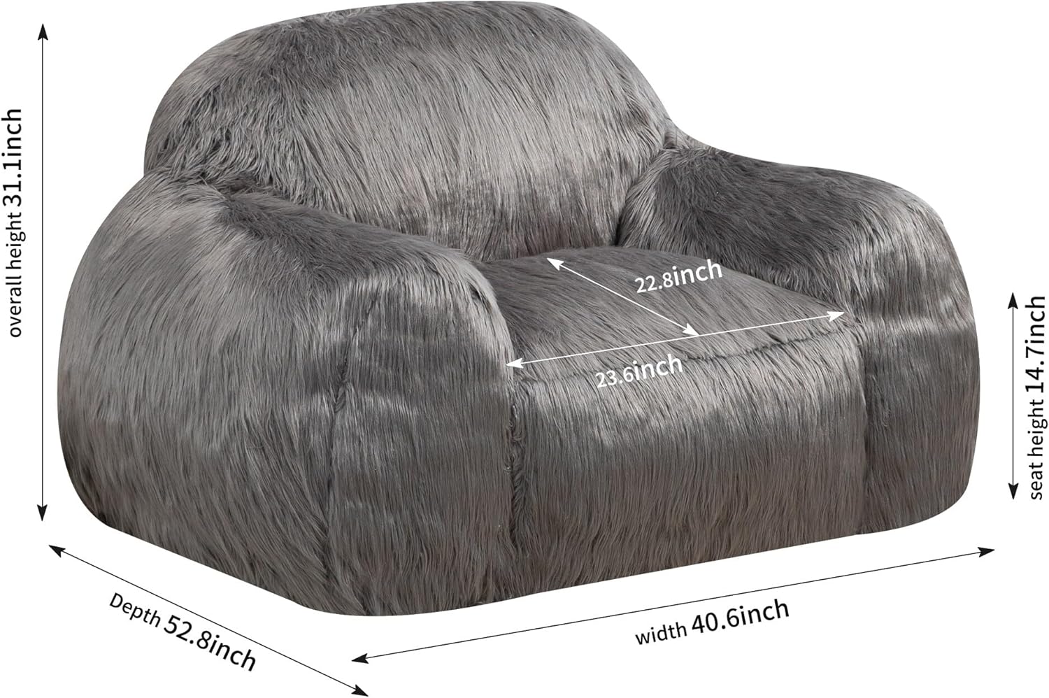 Modern Bean Bag Chair Sofa Lazy Grey Long Hair Single Living Room Focus Fireside Chevron Lake House Contemporary Solid Foam Microfiber