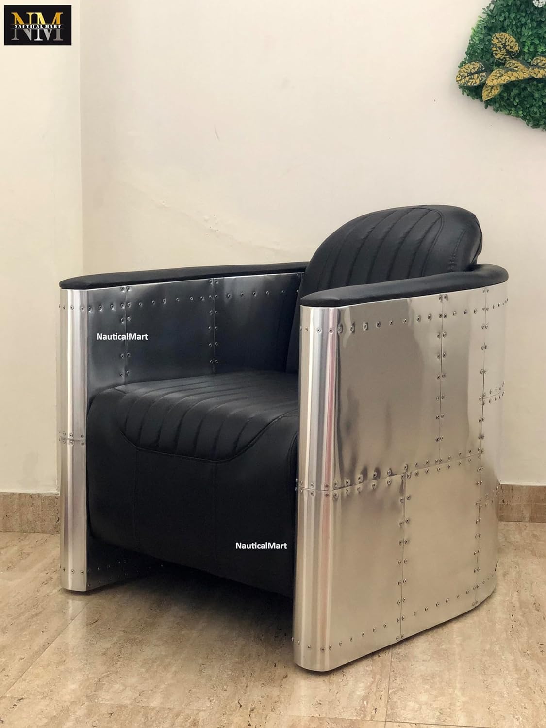 NauticalMart Aluminum Leather Armchair Mid Century Industrial Sofa Aviator Accent Chair Aviation Furniture Restaurant & Home Office Décor