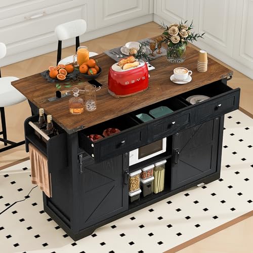 54.5" Farmhouse Kitchen Island with Drop Leaf,Storage Cabinet Island on Wheel,Rolling Home Cart Breakfast Bar Table with Power Outlet, 3 Drawer, Spice Rack