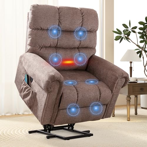 ANJ Large Power Lift Recliner Chair with Massage and Heat for Elderly Big People, Electric Wide Recliners, Heavy Duty and Safety Motion Fabric Reclining Mechanism with USB Ports, Side Pocket, Camel