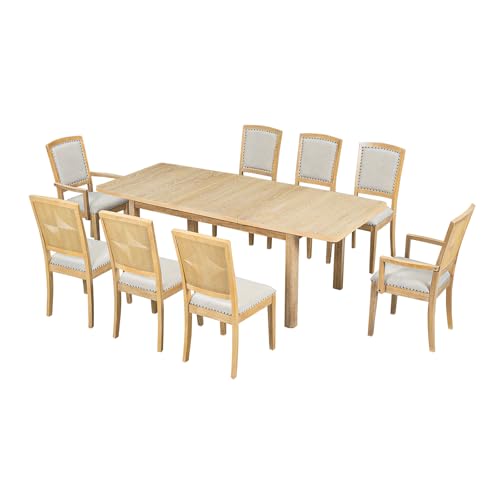 Dining Table Set for 8, Extendable Dining Table Set with Removable Leaf, Kitchen Table Set with Upholstered Side Chair and Arm Chair for Dining Room