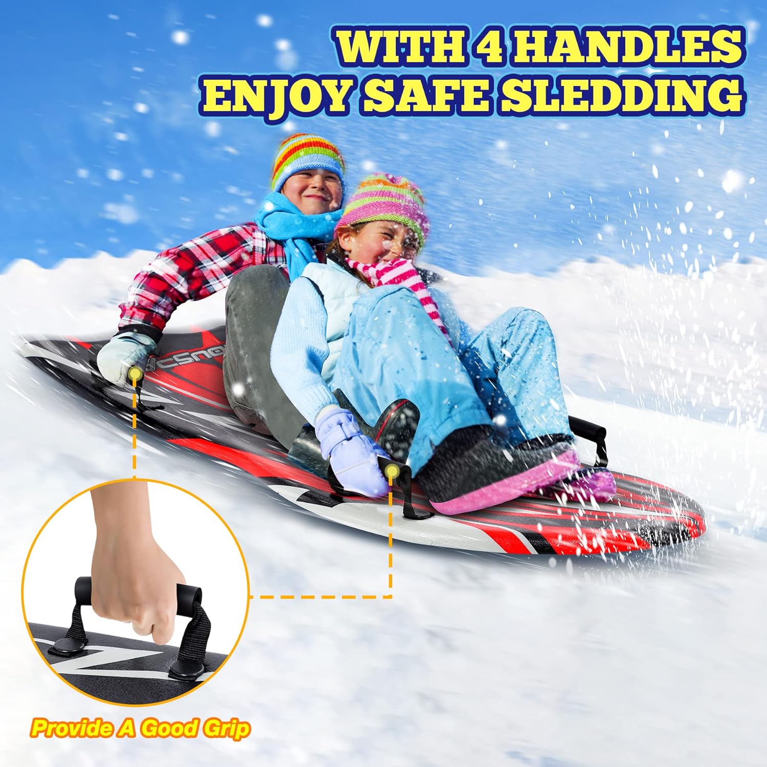 50" Snow Sled, 2 Pack Large Snow Sleds for Kids and Adult, Durable Foam Sled with Slick Bottom Jet Sled Fast Toboggan Sled Molded 4 Handles Snow Toys Saucer Sled for 2-3 Riders Winter Sledding