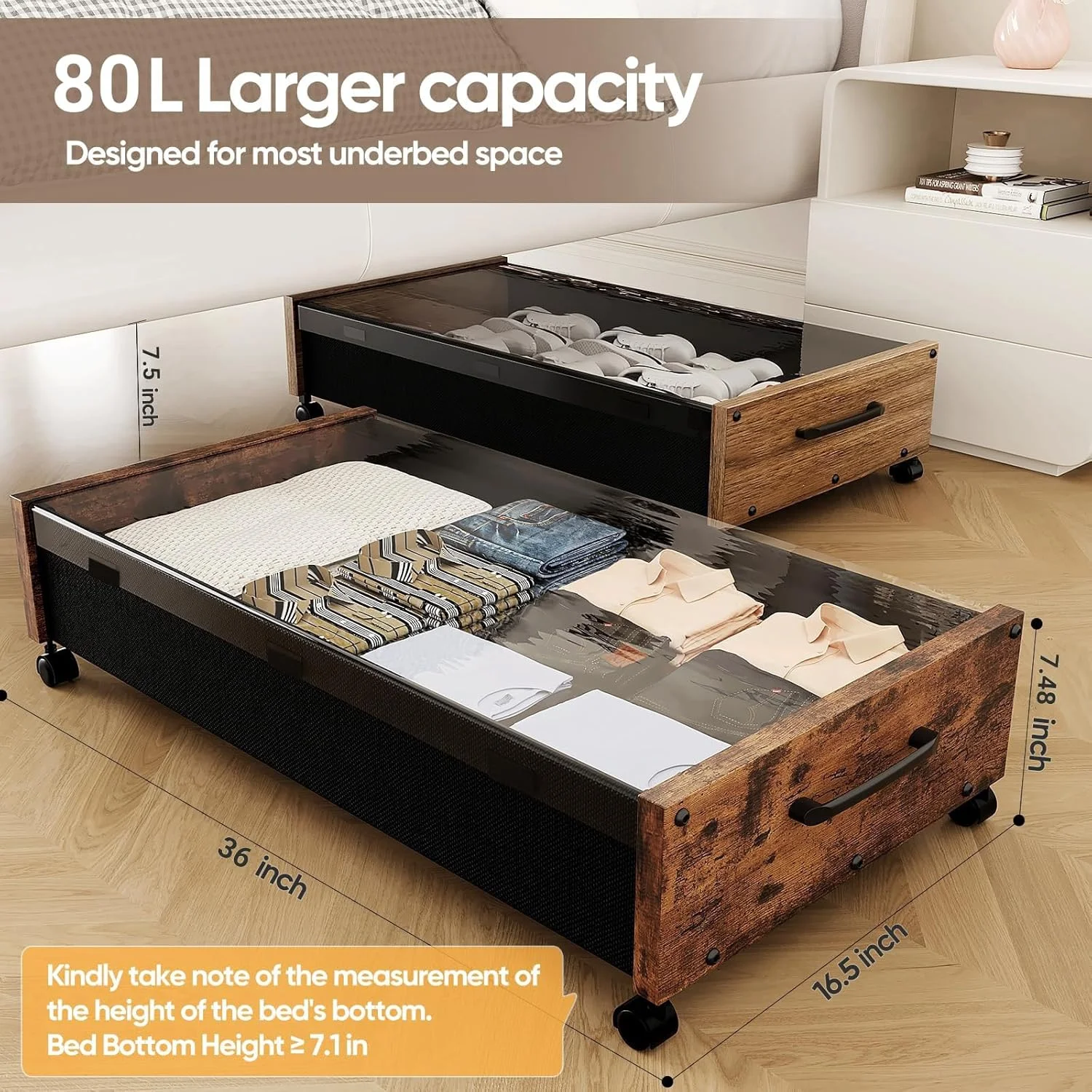 Under Bed Storage with Wheels,2 Pack Under Bed Shoe Storage, Under the Bed Storage Drawers with Remove Window, Extra Large Rolling Under Bed Storage Metal Drawer for Clothes (Black-2 pack)