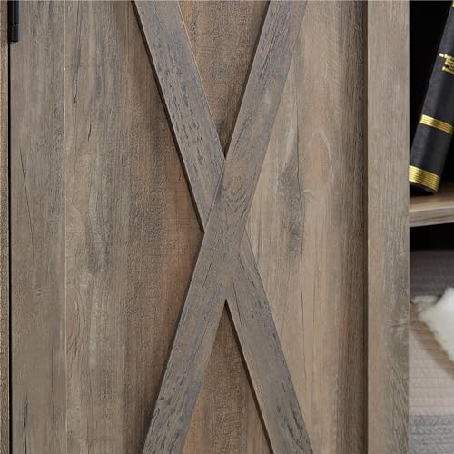 Farmhouse Wooden Tall Storage Cabinet Barn Door Pantry Kitchen Storage Furniture Home Drawer Rack with Doors and Open Shelves for Kitchen Living Room Bedroom (Gray Wash)