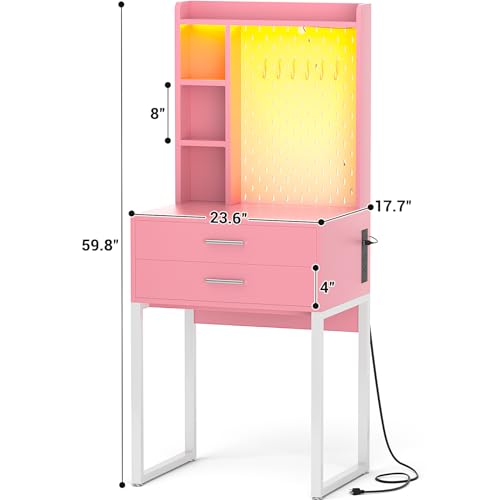 Small Vanity Desk with Hutch and Drawers, Pink Makeup Vanity Desk with Charging Station, Vanity Table Dressing Table with LED Lights, Vanity Desk No Mirror with Pegboard for Girls Women, 24"