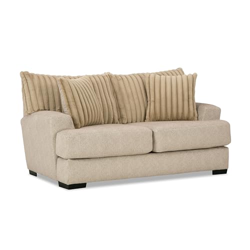 Furniture of America Lola Chenille 3-Piece Sofa Set with Square Patterned Ottoman, Ultra Soft Back Cushions and Accent Pillows with Channel Tufting for Living Room, Home Office, Light Brown