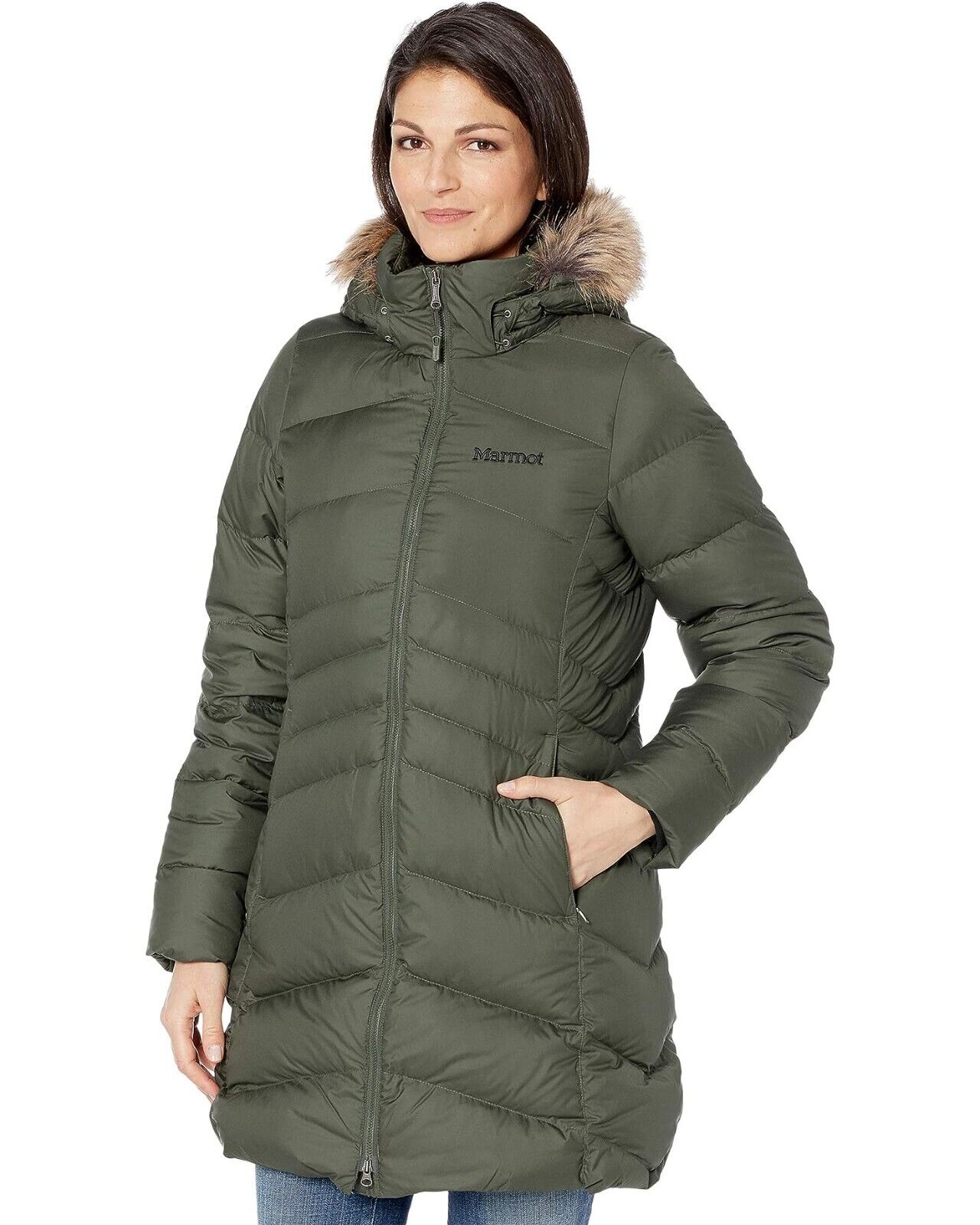 MARMOT Women's Montreal Hooded Faux-Fur-Trim Coat Olive Green Size XL MSRP $300