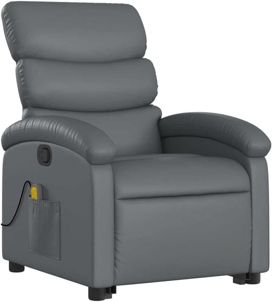 vidaXL Stand-Up Gray Faux Leather Power Lift Massage Recliner with Manual Recline - Comfortable Senior Seating for Living Room