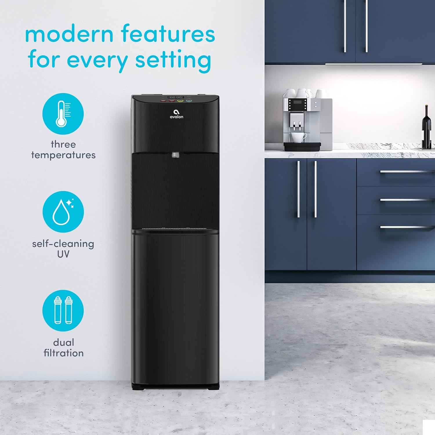 Avalon A13BLK Electric Bottleless Cooler Water Dispenser-3, Digital Clock with Temperature Control, Self Cleaning, Black Stainless Steel