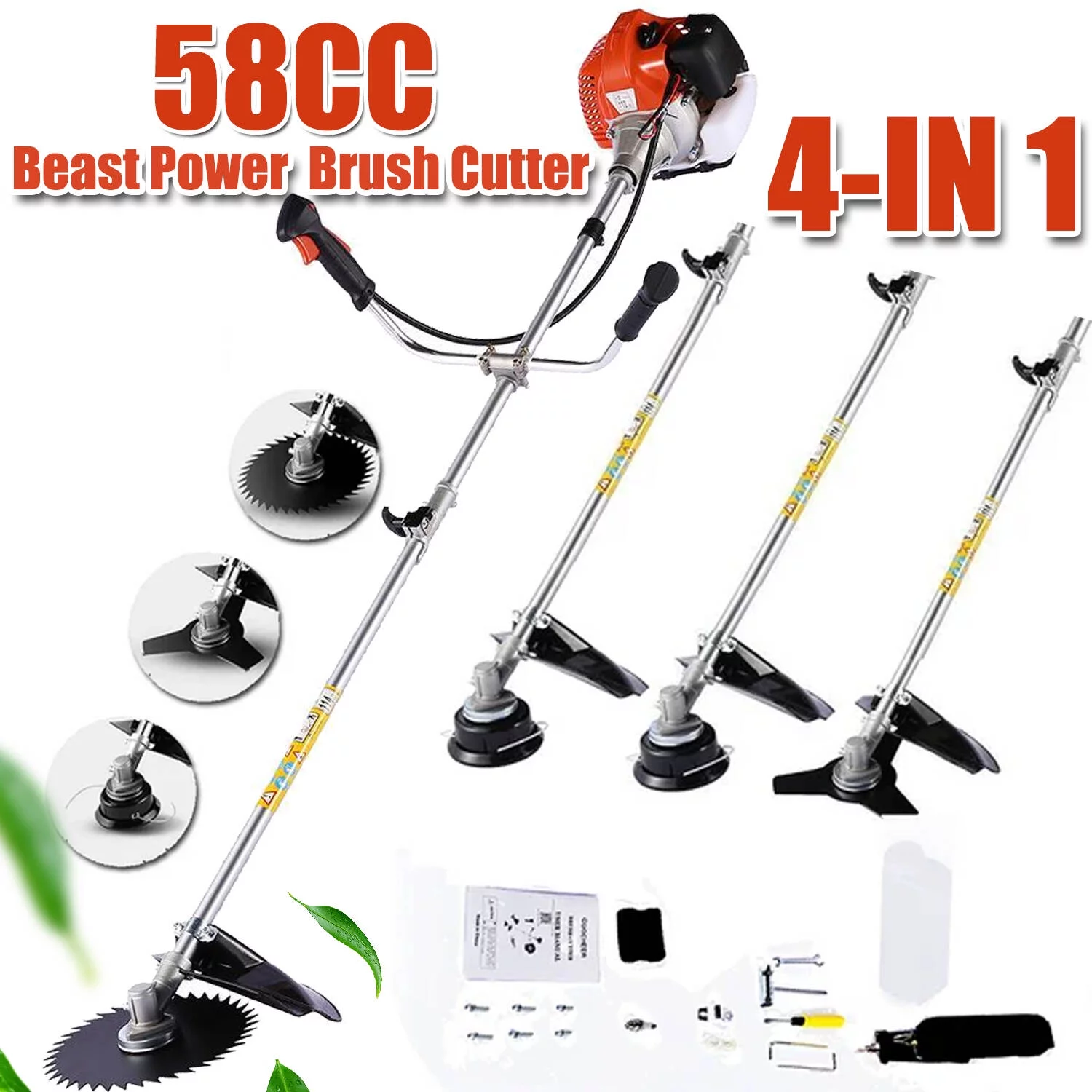 58CC Weed Eaters Gas Powered String Trimmer Straight Shaft Gasoline Powered Weed Trimmer Weedeater Brush Cutter Weed Trimmer for Edgers in Lawn and Garden 4 in 1 Orange