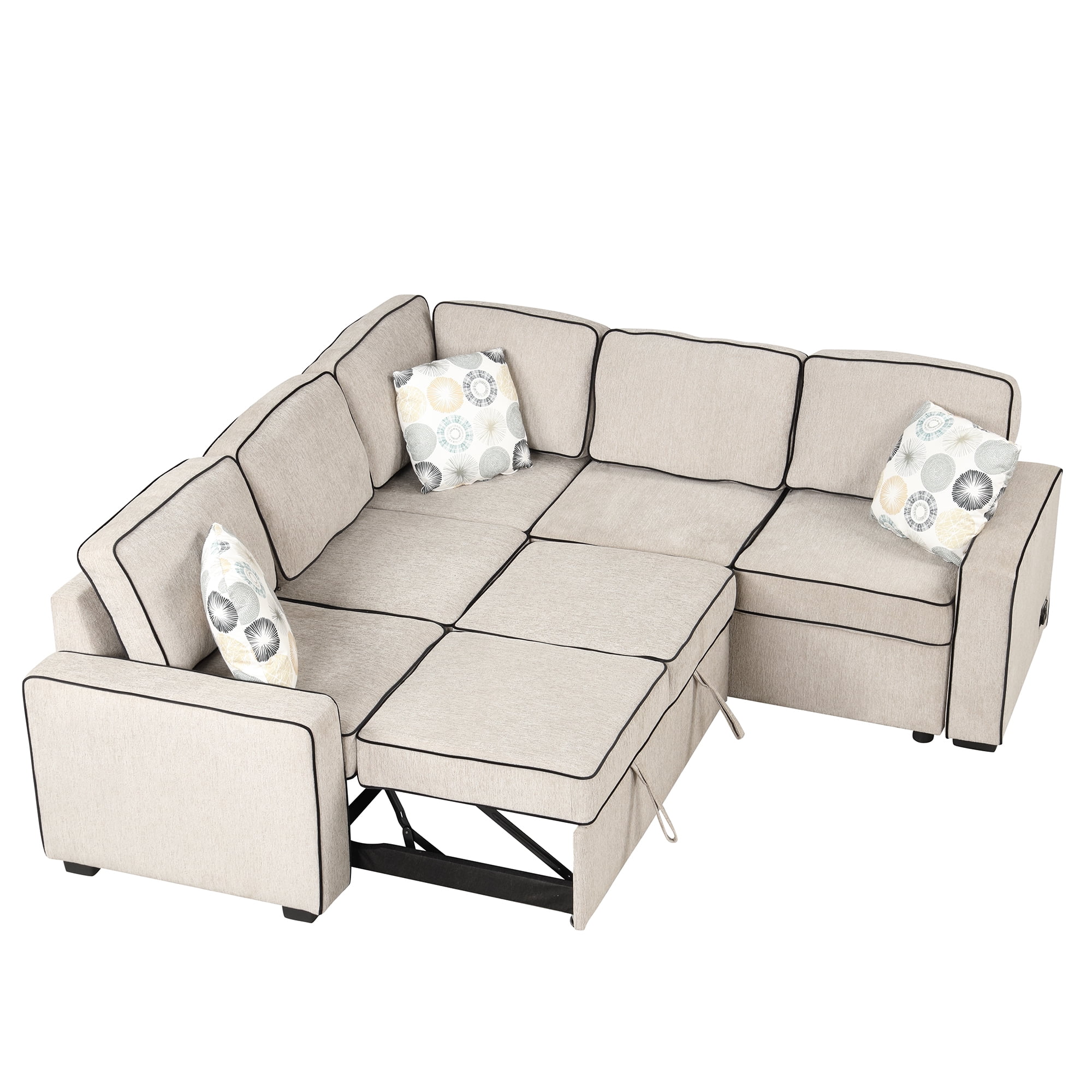 Euroco 5 Seat Pull Out Sofa Bed L-Shaped Sofa with 2 USB Ports, Sockets, Pillows, 83" Convertible Sleeper Sofa for Living Room, Bedroom, Office, Cream