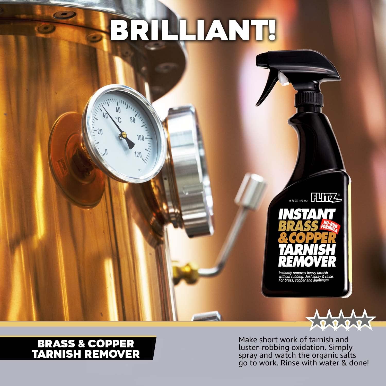 Flitz Brass and Copper Tarnish Remover, Powerful Organic Formula That Safely Removes Rust, Stains and Oxidation + Cleans Brick, Glass, Aluminum and More, Made in the USA, 16 oz Spray