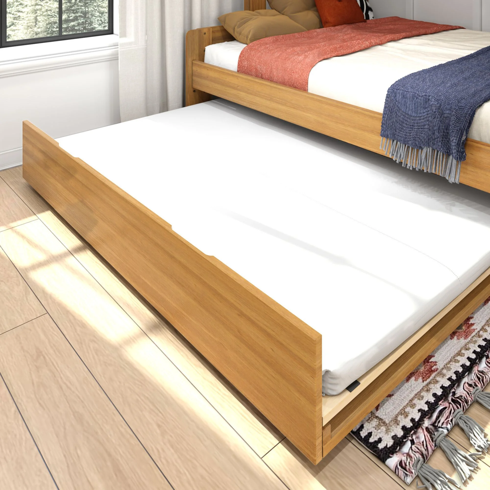 Max & Lily Twin Over Full Bunk Bed with Trundle, Modern Farmhouse Wooden Bunk Beds For Kids, Pecan