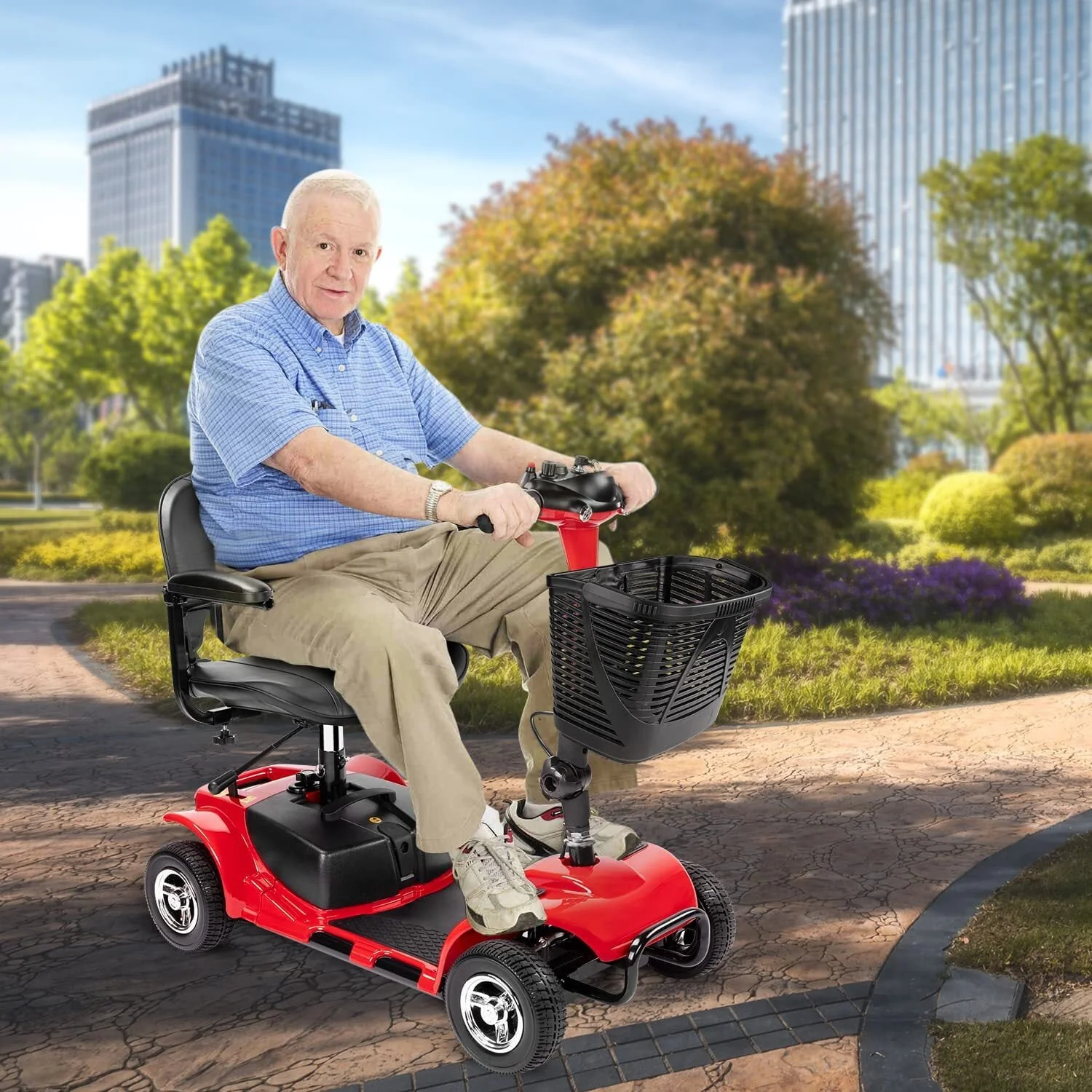 1inchome 4 Wheel Mobility Scooter for Seniors, Folding Electric Powered Wheelchair Device for Adults, Elderly, Gift for Elderly, Red
