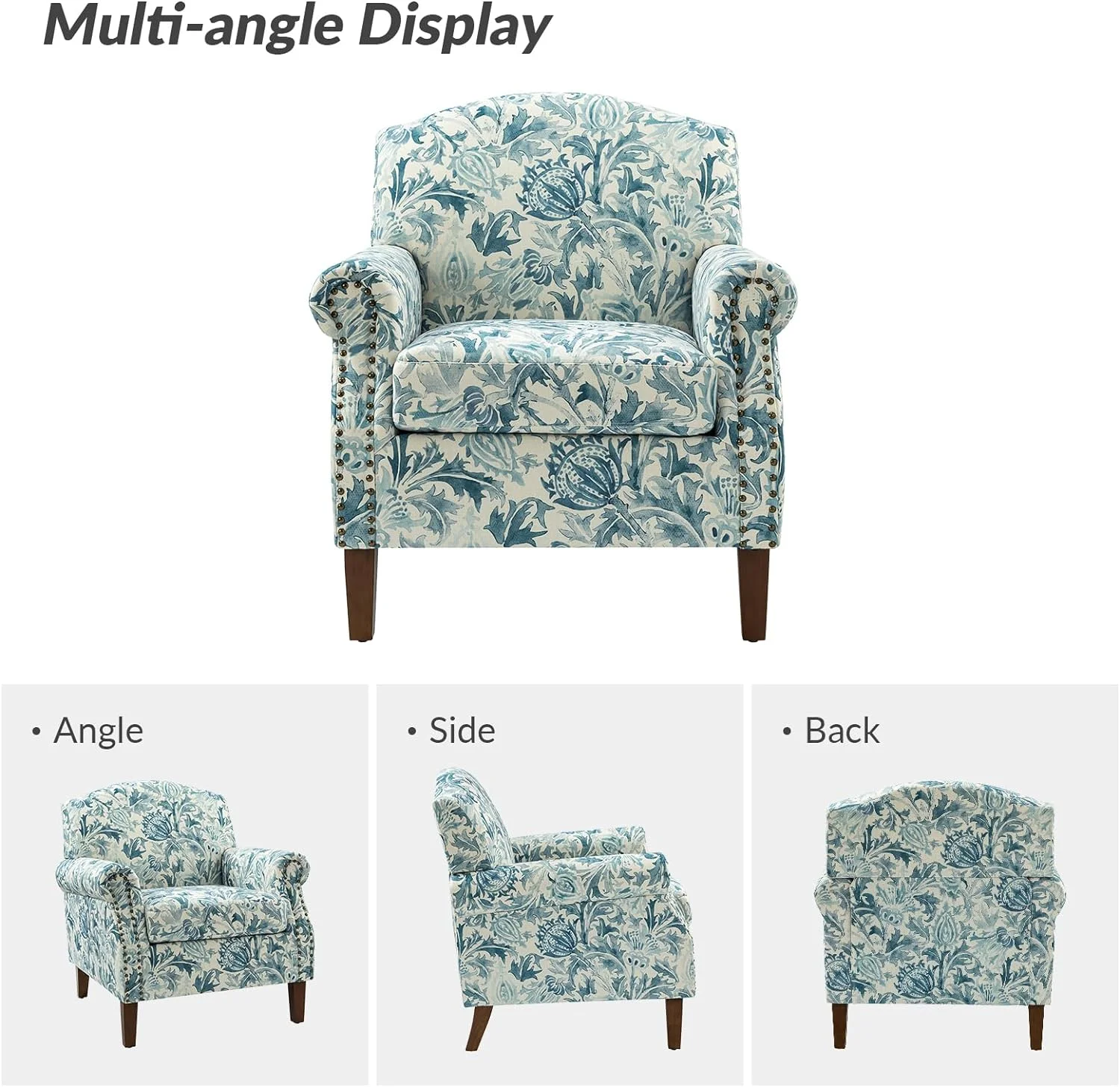Modern Accent Chair With Wood Legs & Removable Cushion, Comfy Upholstered Armchair Nailhead Trim, Floral Design Single Sofa Cozy Club Chair For Living Room Bedroom Reading Office, Aegean