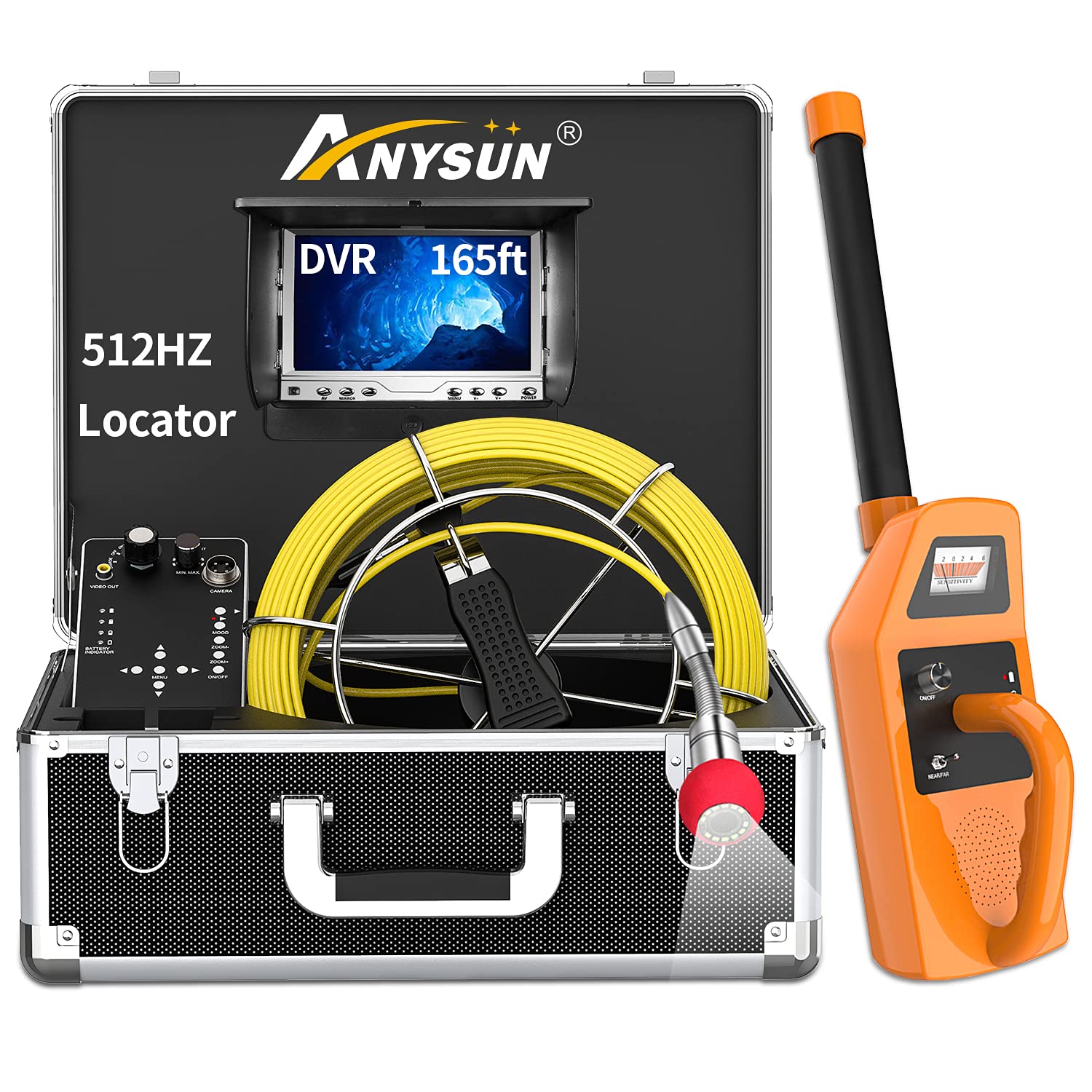 Sewer Camera with Locator, Anysun 165ft Inspection Camera with 512Hz Sonde Transmitter and Receiver Plumbing Camera Snake with DVR and 7 LCD Monitor IP68 Waterproof Pipe Inspection Camera(165ft/50m)