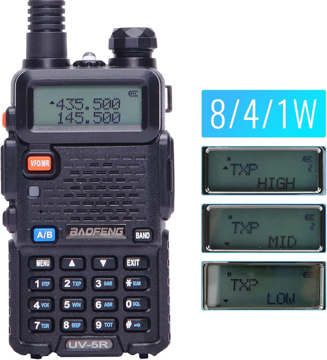 BaoFeng UV-5R 8 Watt High Power VHF UHF Dual Band Two Way Radio Tri-Power 8/4/1W Portable Radio with one More 3800mAh Battery,Speaker, Antenna, USB Program Cable and Earpiece