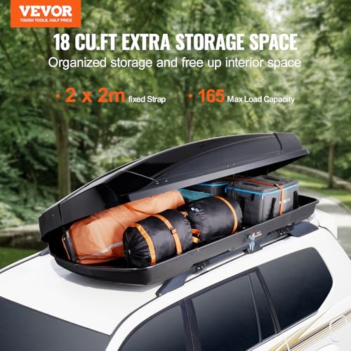VEVOR Rooftop Cargo Carrier, 18 Cubic Feet Roof Cargo Box, ABS Hard Shell Roof Box, with Dual-Sided Opening and 2 Reinforced Straps, Aerodynamic, Suitable for most Crossbar, for Car, Wagon, SUV, Black