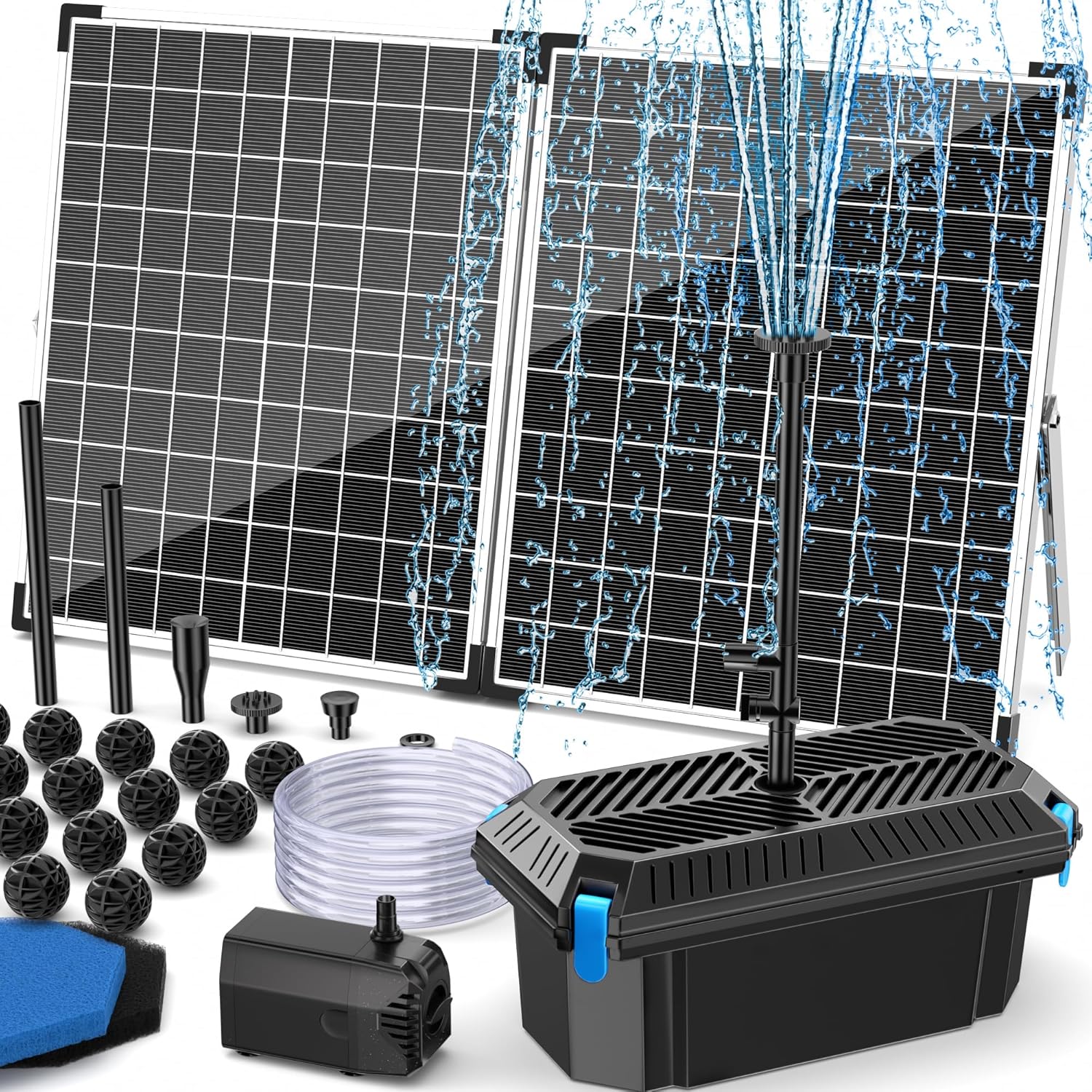 Antfraer Solar Fountain Pump with Pond Filter Kit, 40W Panel Solar Pond Pump with Pond Filter Box, Pond Filter for Outdoor Pond Garden Fountain Waterfall Water Feature