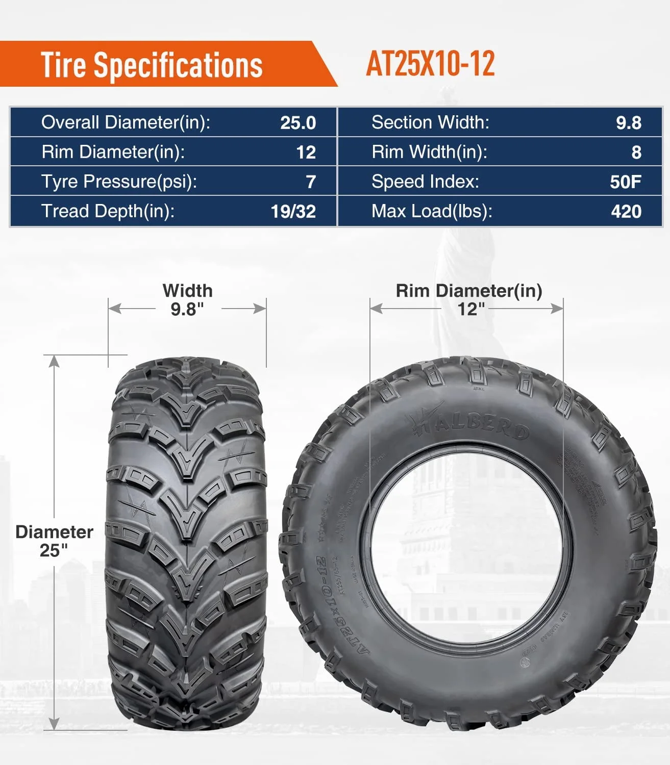6PR ATV/UTV Tires 25x8-12 Front & 25x10-12 Rear All Terrain 15mm Tread Depth 25x8x12 25x10x12 Trail Sand Off-Road Tires Set of 4