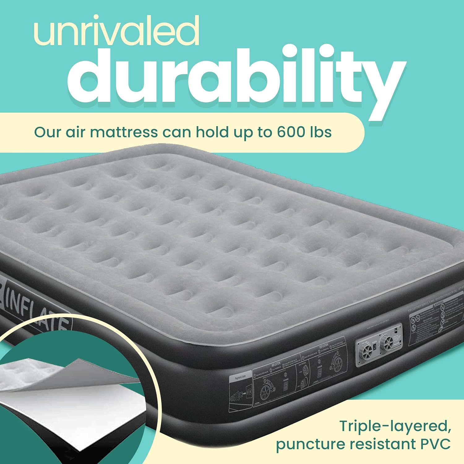 EZ Inflate Air Mattress with Built in Pump - Queen Size Double-High Inflatable Mattress with Flocked Top - Easy Inflate, Waterproof, Portable Blow Up Bed for Camping & Travel
