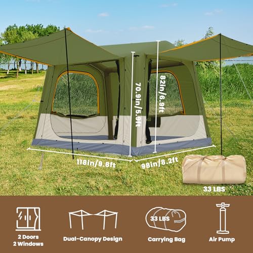Inflatable Tents for Camping, Blow Up Tent with Hand Pump, Easy Setup Inflatable Hot Tent with Stove Jack, Waterproof Oxford Air Glamping Tents for Camping Adult 4-6 Person