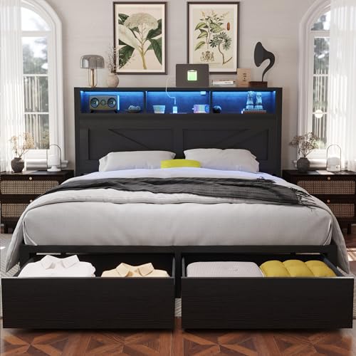 Farmhouse Full Bed Frame with Bookcase Headboard and Storage Drawers, LED Lights and Charging Station, No Box Spring Needed, Noise Free, Rustic Brown